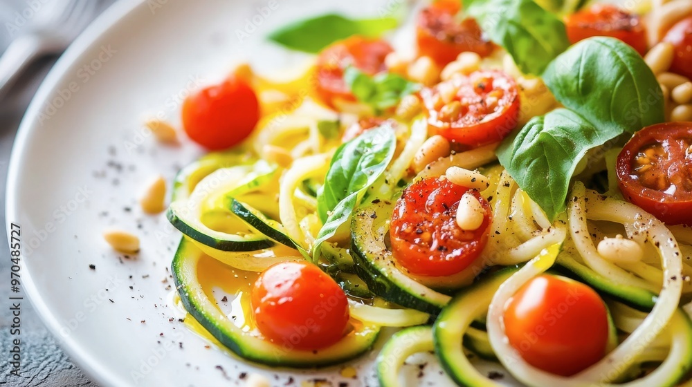 plate of zoodles (zucchini noodles) with cherry tomatoes, basil, and pine nuts, drizzled with olive oil and garlic. plate of zoodles (zucchini noodles) with cherry tomatoes, basil, and pine nuts, drizzled with olive oil and garlic.