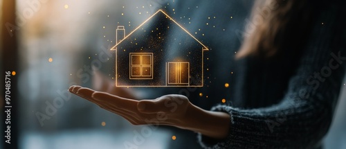 A person holding a digital hologram of a house in a dark room with glowing li...
