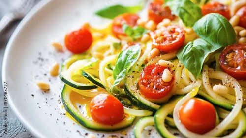 plate of zoodles (zucchini noodles) with cherry tomatoes, basil, and pine nuts, drizzled with olive oil and garlic.