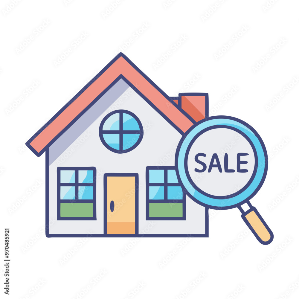 icon “For Sale” sign and a magnifying glass, symbolizing real estate and property searches. icon “For Sale” sign and a magnifying glass, symbolizing real estate and property searches.