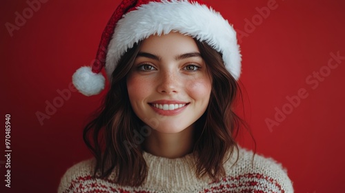 A smiling young woman in a festive sweater and Santa hat against a red backgr...
