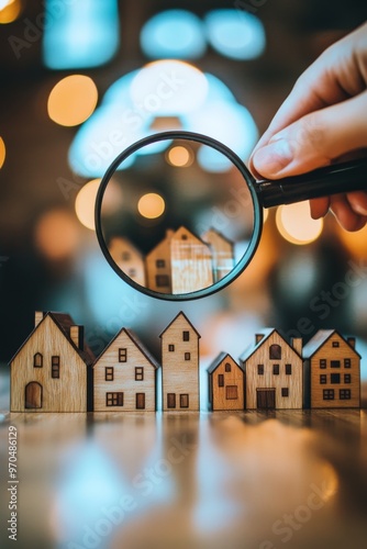 Exploring miniature wooden houses through a magnifying glass in a cozy ambien...