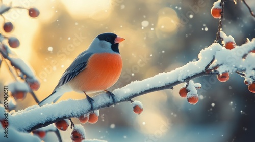 A vibrant bullfinch perched on a snow-covered branch during a tranquil winter...