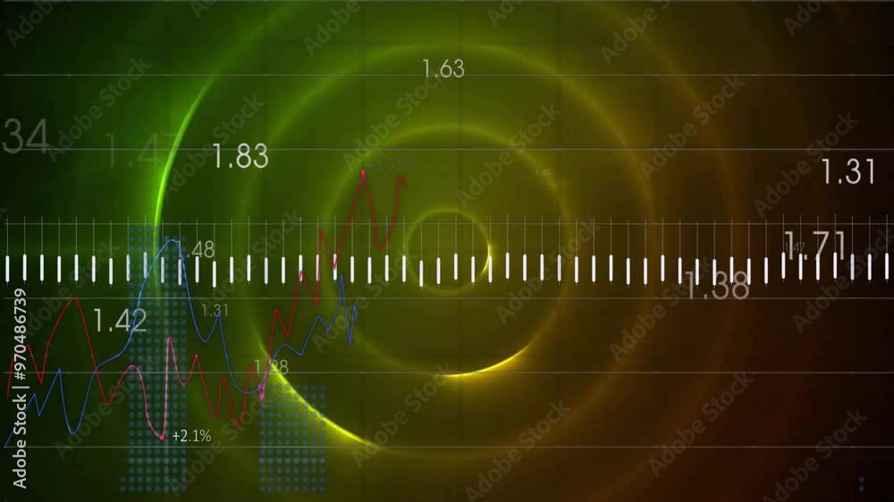 Animation of data processing over colourful circles on black background Animation of data processing over colourful circles on black background