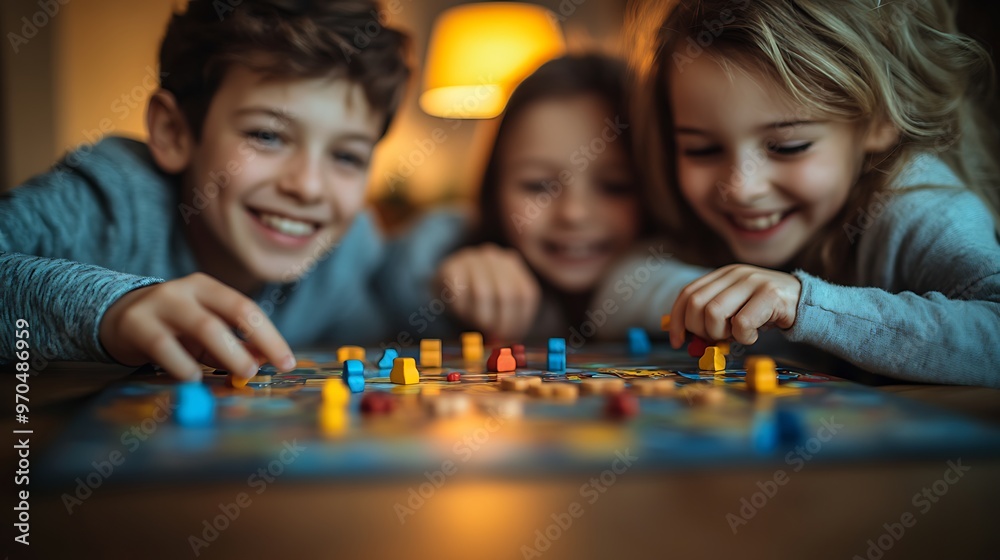 Parents and children engaged in a fun board game, pieces scattered across the table, the warm light of a lamp illuminating their smiles, capturing the joy of family time, soft focus, natural lighting, Parents and children engaged in a fun board game, pieces scattered across the table, the warm light of a lamp illuminating their smiles, capturing the joy of family time, soft focus, natural lighting,
