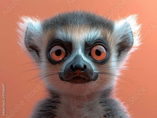 Close-up portrait of a lemur with big orange eyes looking at the camera. photo