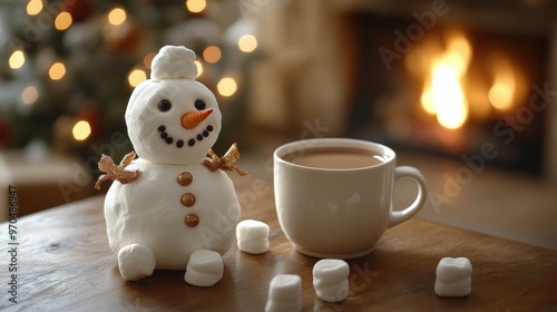 A cozy winter setting with a snowman, warm drink, and festive decorations nea...