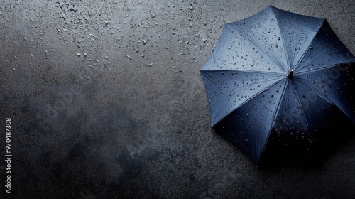 A blue umbrella rests on a dark surface with raindrops glistening under soft ...
