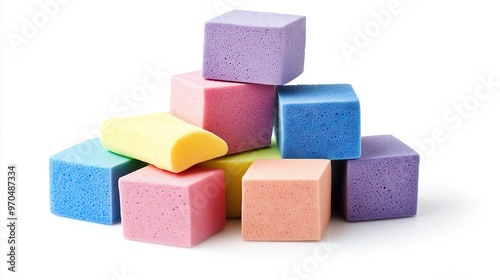 Pile of colorful sponges on white transparent background