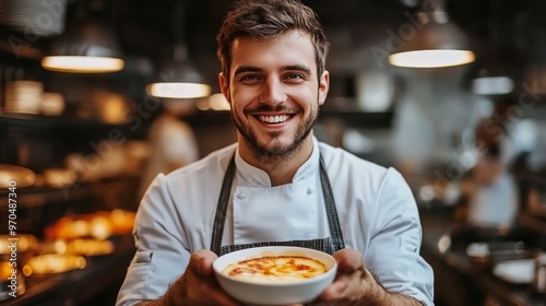 Smiling chef proudly presenting a bowl of freshly prepared soup in a bustling...