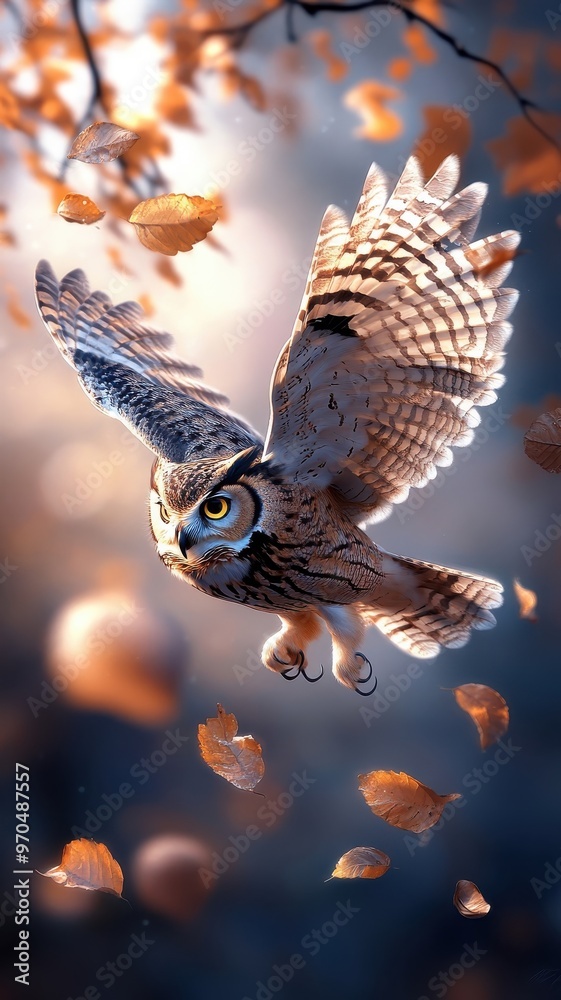 Obraz premium An owl hunting in twilight, with keen eyes focused and wings outstretched, navigating a dusky, moonlit landscape.