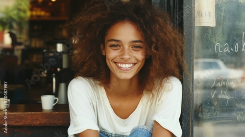 Young woman with curly hair smiling by a window in casual summer attire durin...