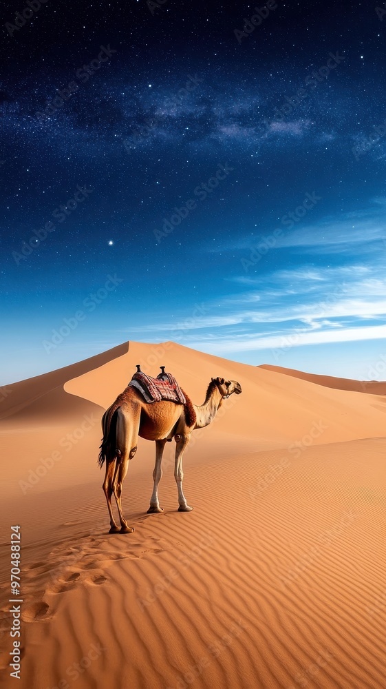 Lone camel on a sand dune under the starry night sky, illuminated by the moon in a serene desert scene. Lone camel on a sand dune under the starry night sky, illuminated by the moon in a serene desert scene.