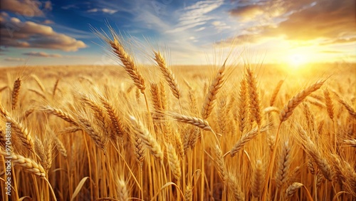 Golden wheat field swaying gently in the summer breeze, creating a serene and tranquil landscape