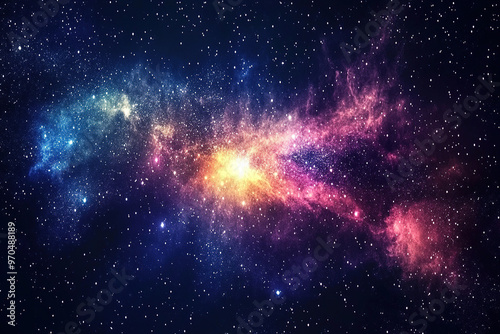 Enchanting vibrant nebula in the night sky with deep blues, purples, pinks, and oranges, featuring stars and galaxies against a starry black backdrop. A stunning abstract cosmic background for creativ