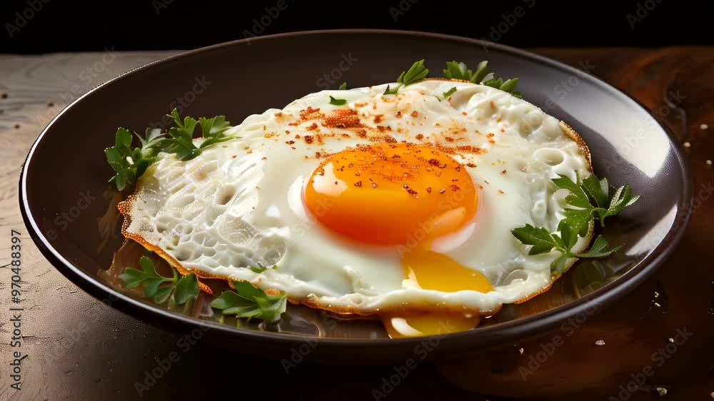Perfectly cooked sunny-side-up egg with fresh herbs on a dark wooden table in a cozy kitchen setting Perfectly cooked sunny-side-up egg with fresh herbs on a dark wooden table in a cozy kitchen setting