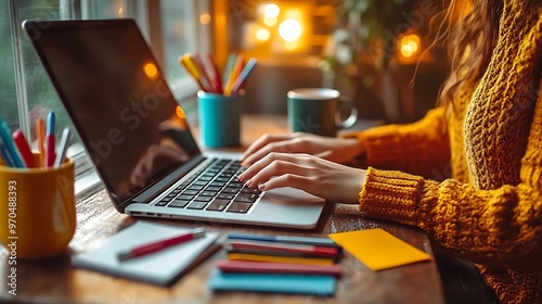 A close-up of a woman’s hands on a laptop keyboard, creative tools like colorful pens, notepads, and a coffee mug nearby, soft lighting casting a warm glow on the desk, photo