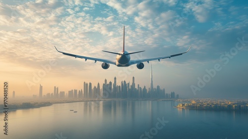 a plane carrying a banner with the Dubai city, skyline behind, realistic