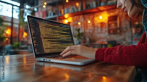 A coding session at a modern workspace with a woman typing code on her laptop, the screen illuminated with lines of code, the minimalist environment creating a sleek, focused tech atmosphere. photo