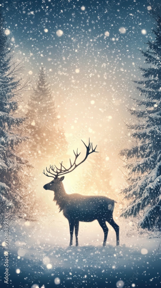 A winter wonderland poster with snow covered trees and a softly glowing reindeer silhouette isolated background 50 keywords A winter wonderland poster with snow covered trees and a softly glowing reindeer silhouette isolated background 50 keywords