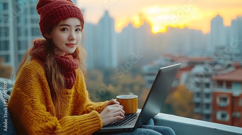 A cozy morning scene with a woman on a balcony, enjoying a cup of coffee while using her laptop, the sunrise casting a warm glow over the city skyline, creating a calm and inspiring atmosphere. photo