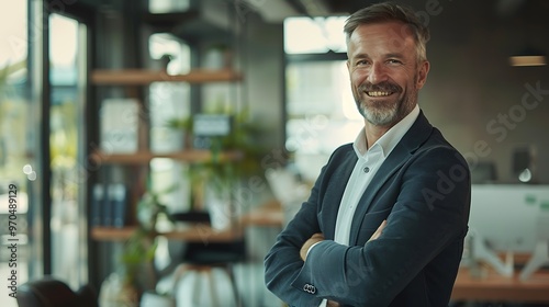 Confident entrepreneur smiling in a modern office, reflecting ambition and success in a portrait shot with a plain office background