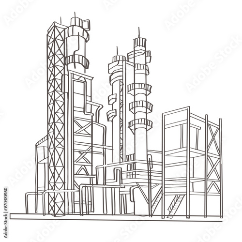 Oil and gas industry platform featuring outbuildings, storage tanks, and infrastructure. Ideal for banner, poster, brochure, and flyer design related to industrial or energy topics.