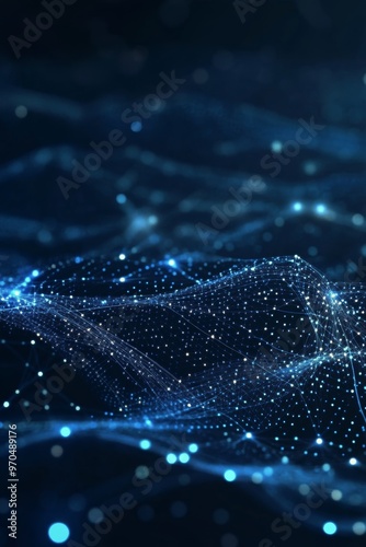 Abstract representation of a blue glowing network with connecting nodes on a ...