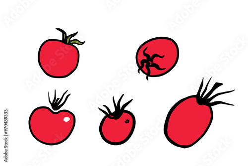 red tomatoes set isolated on white background. vegetables sketch style for Organic farming package, caffe menu, label, store poster, recipe designs