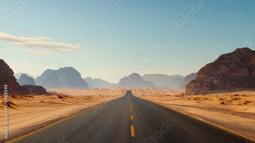 A scenic desert road stretching into the distance, flanked by sand dunes and rocky outcrops under a clear sky.