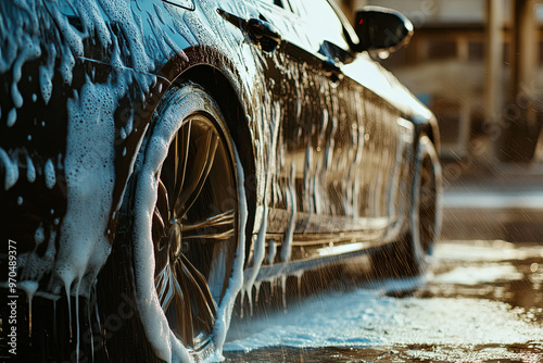 Car being washed with soapy water streaming down the sides photo