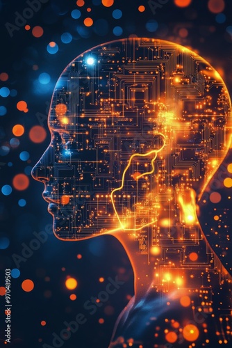 A glowing circuit-filled silhouette of a human head on a dark background