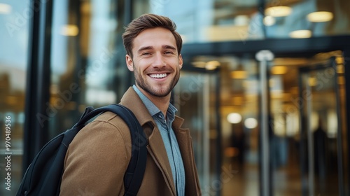 Young man smiling confidently outside a modern building during daytime with a backpack photo