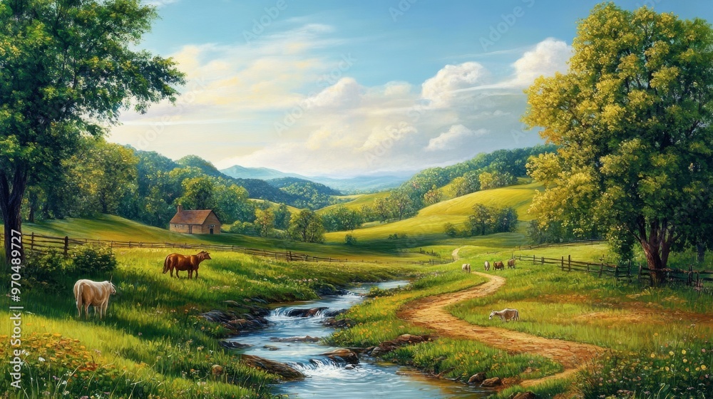 A scenic painting of a gentle stream flowing through a countryside landscape, with rolling hills and grazing animals. A scenic painting of a gentle stream flowing through a countryside landscape, with rolling hills and grazing animals.