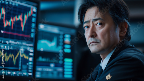 Asian male stock trader, currency exchange, crypto currency, investor, copy space, looking at the subject with a serious or sad expression
 photo