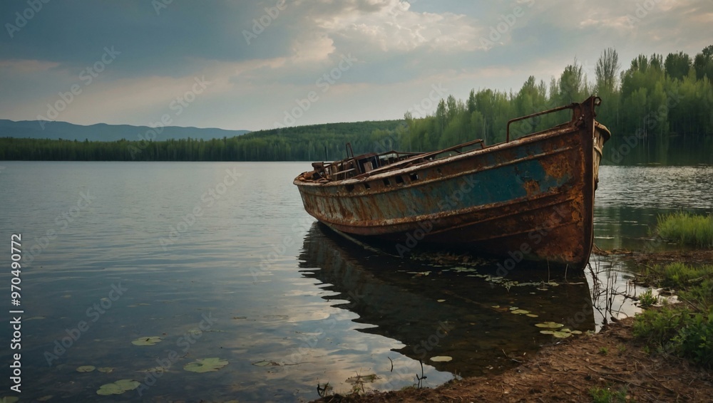 Old rusty boat on Lake Chebarkul’s shore, symbolizing decay and nostalgia. Old rusty boat on Lake Chebarkul’s shore, symbolizing decay and nostalgia.