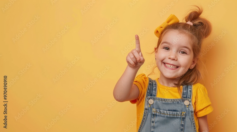 Happy little girl pointing index finger to isolated area on pastel light yellow background Happy little girl pointing index finger to isolated area on pastel light yellow background