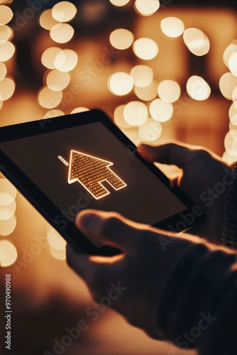 Person using a smartphone with glowing home icons in a dimly lit environment ...