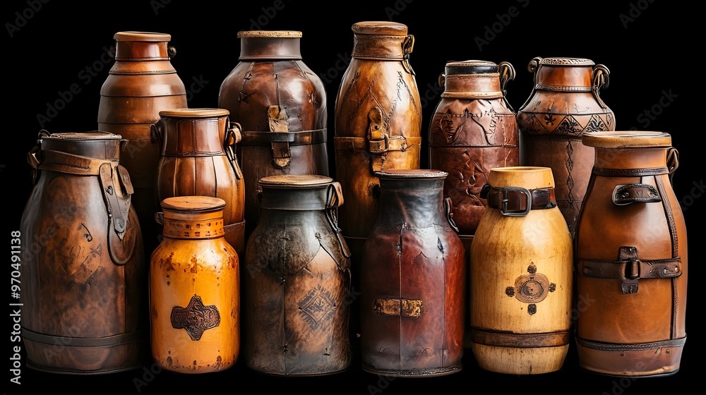 a group of brown and tan jars
a group of brown and tan jars