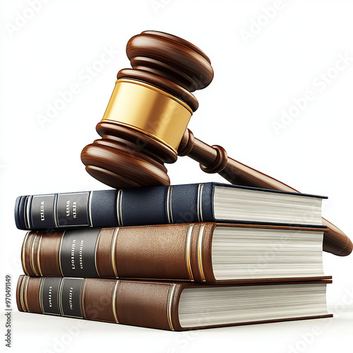 3D realistic gavel and law books, in a clipart style on a white background