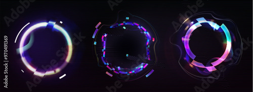 Neon glitch effect circle. Digital ring frame with cyber light. Futuristic broken pixel and noise graphic border. Minimal dynamic holographic distortion avatar illustration. Color bug illusion