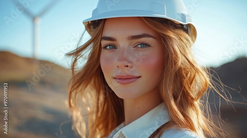 Young woman wearing hard hat stands confidently at a wind farm during sunny d...