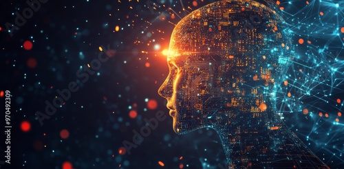 Abstract representation of a human profile illuminated by glowing connections...