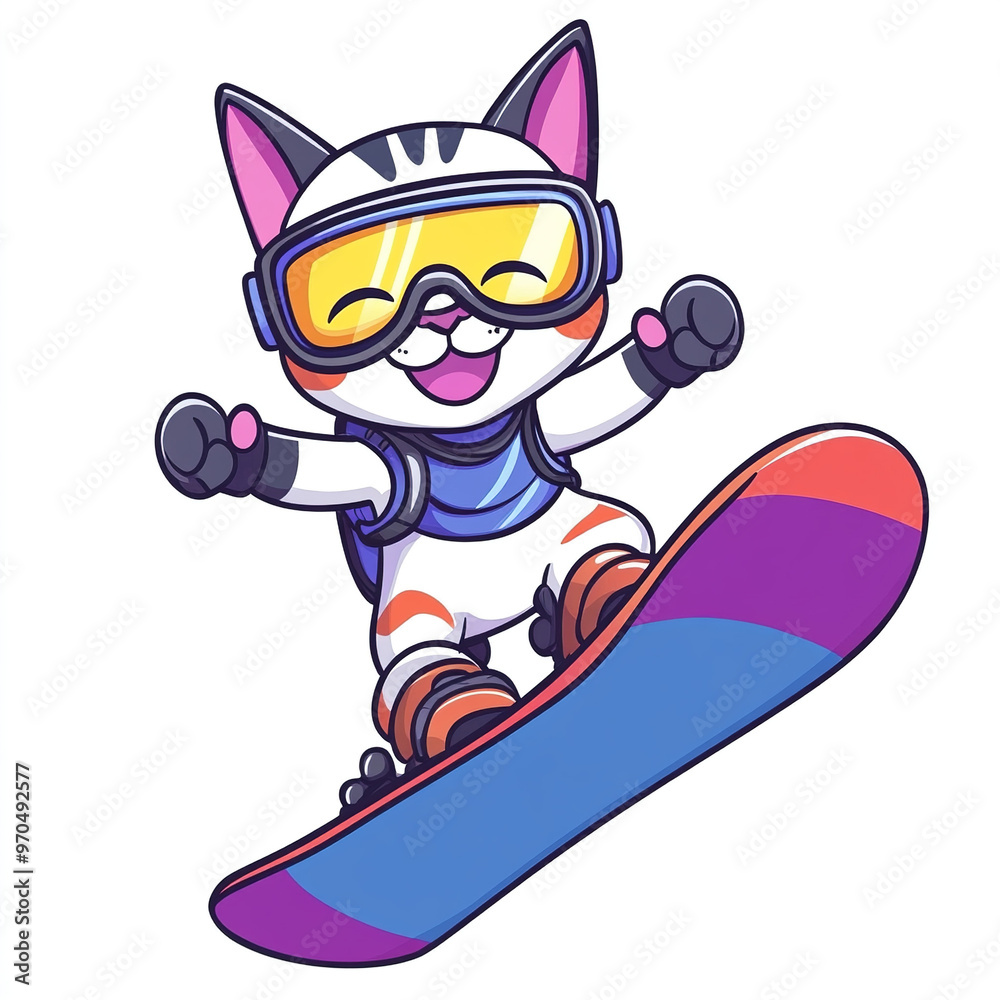 Adorable cartoon cat in snowboarding gear and goggles, catching air on a snowboard in a mid-air pose. This vector illustration features a high-definition, full-body portrait with bright colors Adorable cartoon cat in snowboarding gear and goggles, catching air on a snowboard in a mid-air pose. This vector illustration features a high-definition, full-body portrait with bright colors