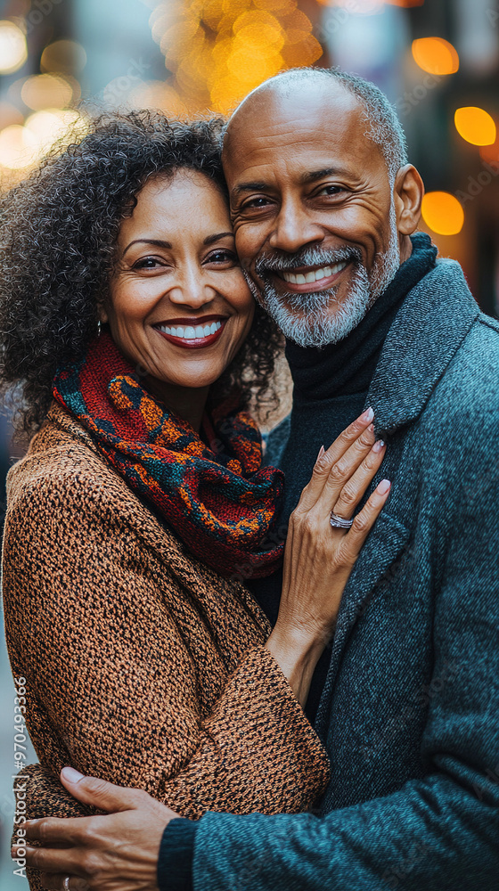 Happy senior Black couple in love celebrating New Year's Eve on the street, smiling and looking into the camera with festive bokeh lights in the background. Joyful and romantic New Year celebration ca