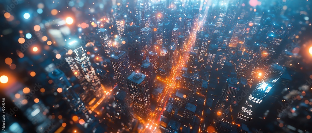 Aerial view of a vibrant modern city with interconnected skyscrapers, smart grids, and glowing wireless communication lines weaving through the streets Aerial view of a vibrant modern city with interconnected skyscrapers, smart grids, and glowing wireless communication lines weaving through the streets