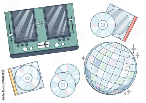 Retro music party element with disco ball icon. Pop style record vector set. Dance disc for festival. Y2k recorder for concert isolated clipart. Cool stereo player for game 1990s hippy object