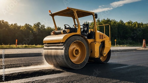 Road roller compacting asphalt under sunny skies. photo