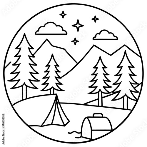 forest camping outline coloring book page line art drawing photo