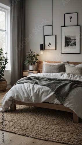 Scandinavian bedroom featuring minimalist decor, natural wood, and a cozy vibe.